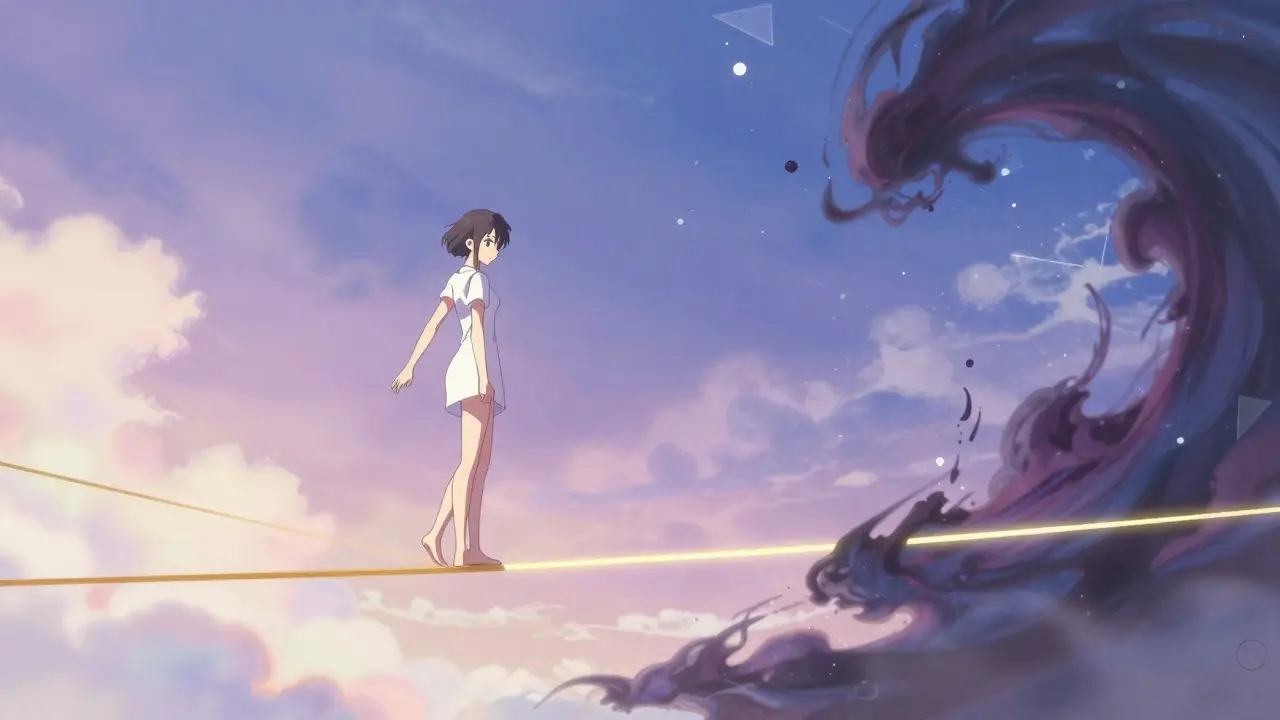 Stylized figure balancing on a glowing tightrope representing NTI medication