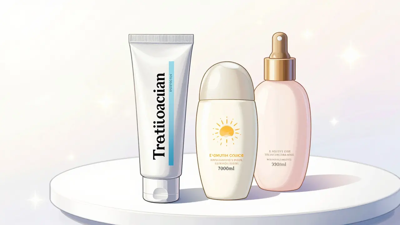 Tretinoin cream, sunscreen, and moisturizer on a vanity in shoujo manga style