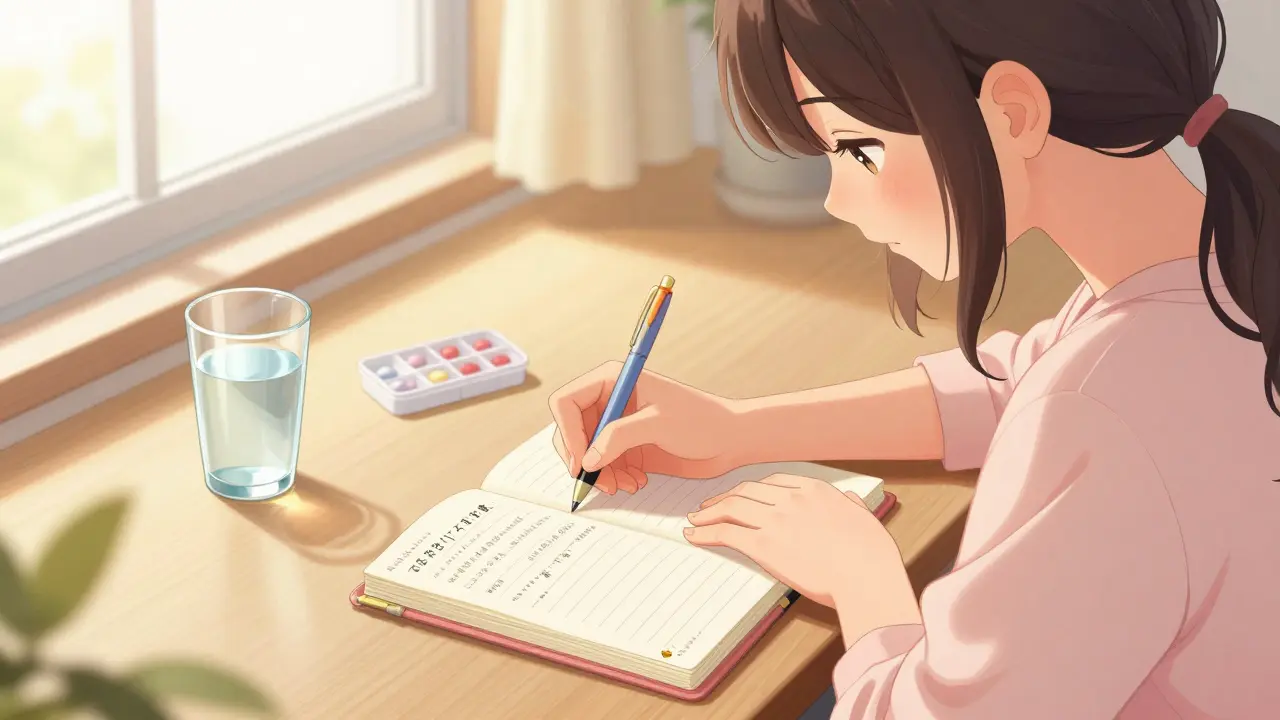 Woman writing her daily symptoms in a health journal at a sunny desk