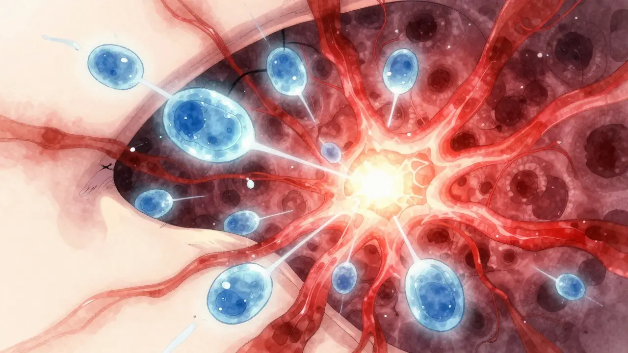 Abstract anime art showing immune system attacking glands