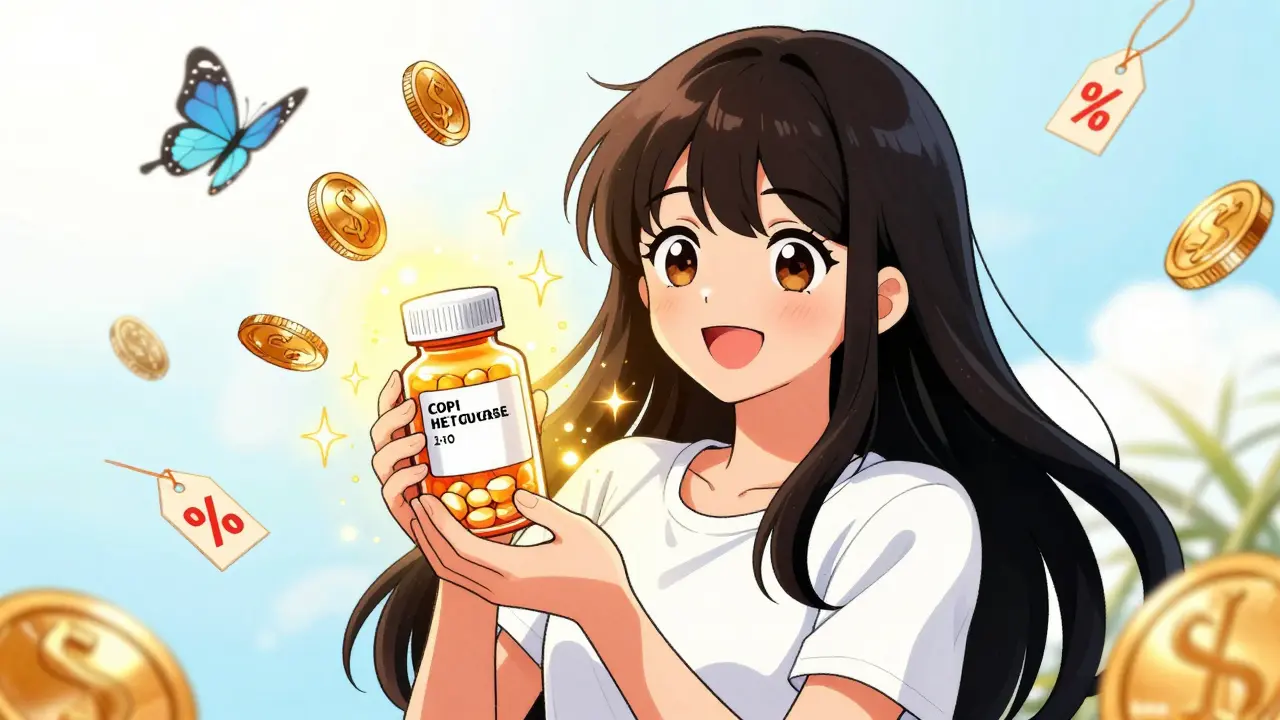 Anime girl holding glowing pill bottle with money symbols and butterflies