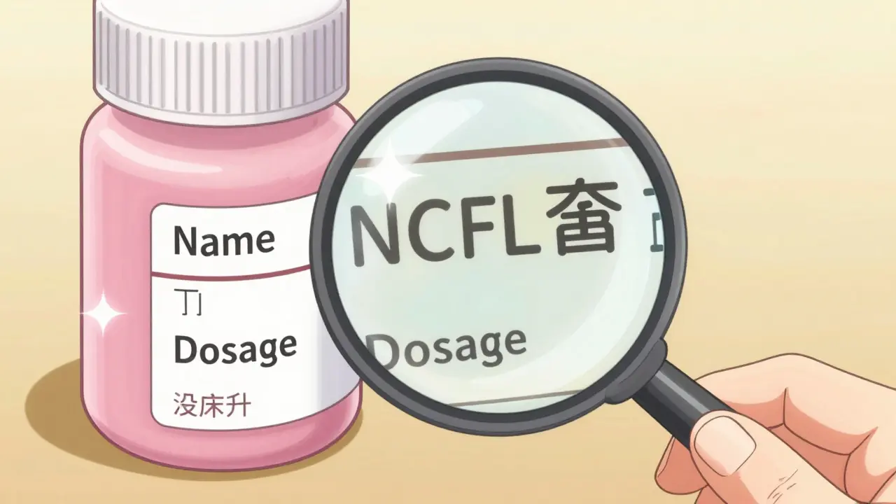 Close-up of a magnifying glass inspecting medication details on a bottle