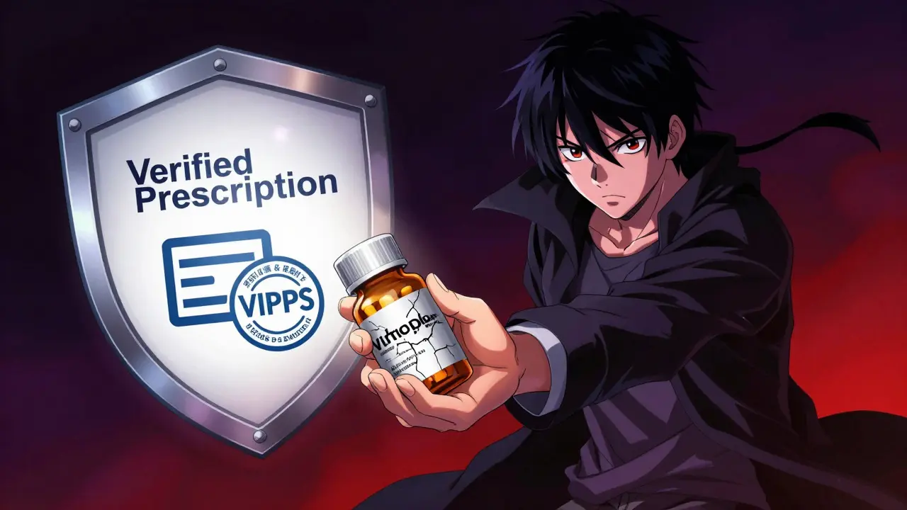 Girl rejecting scammer's fake pills, protected by prescription verification shield