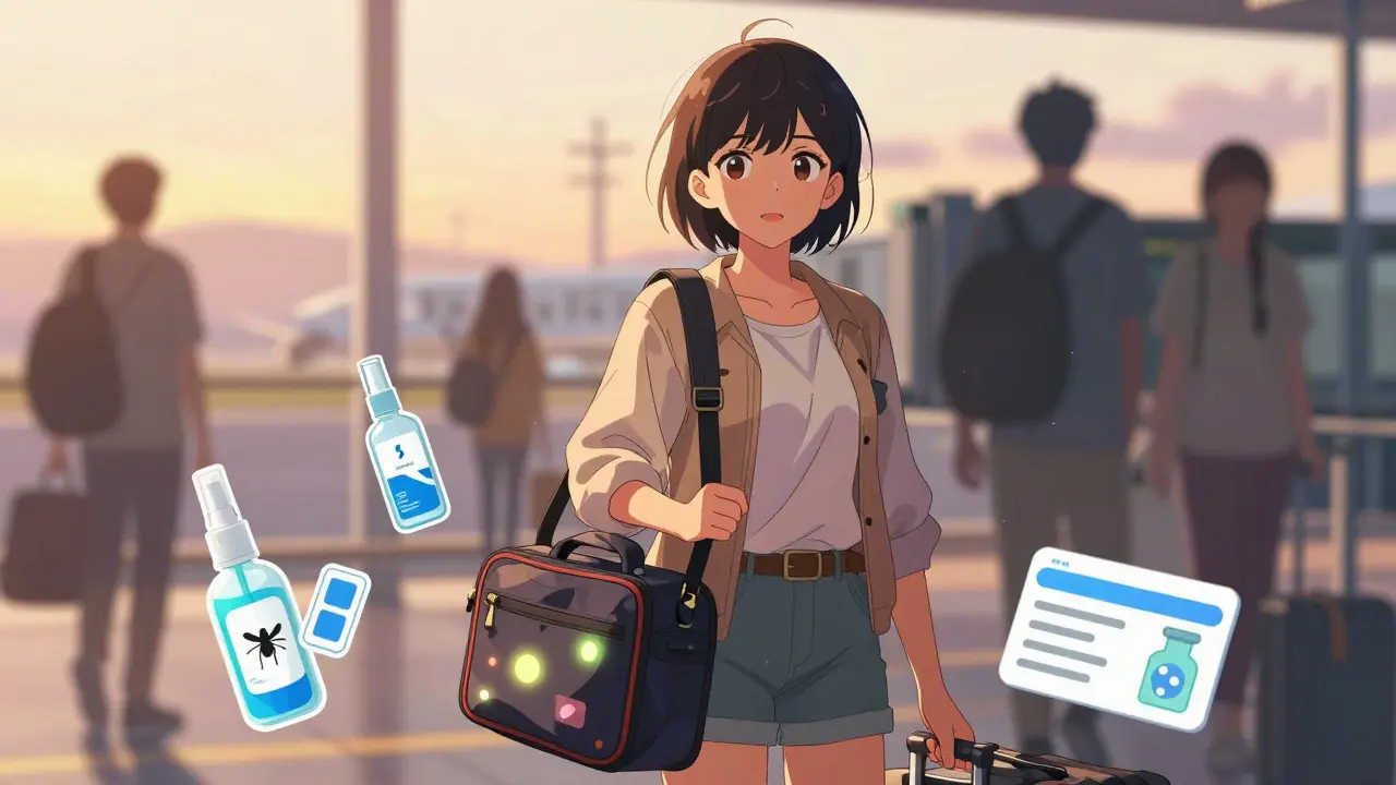 Happy anime traveler with medical kit at airport