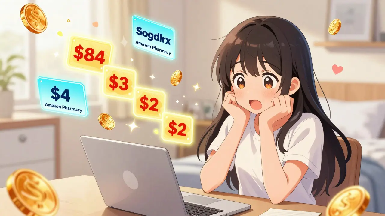 Happy girl comparing cheap online drug prices with floating discounts in anime style