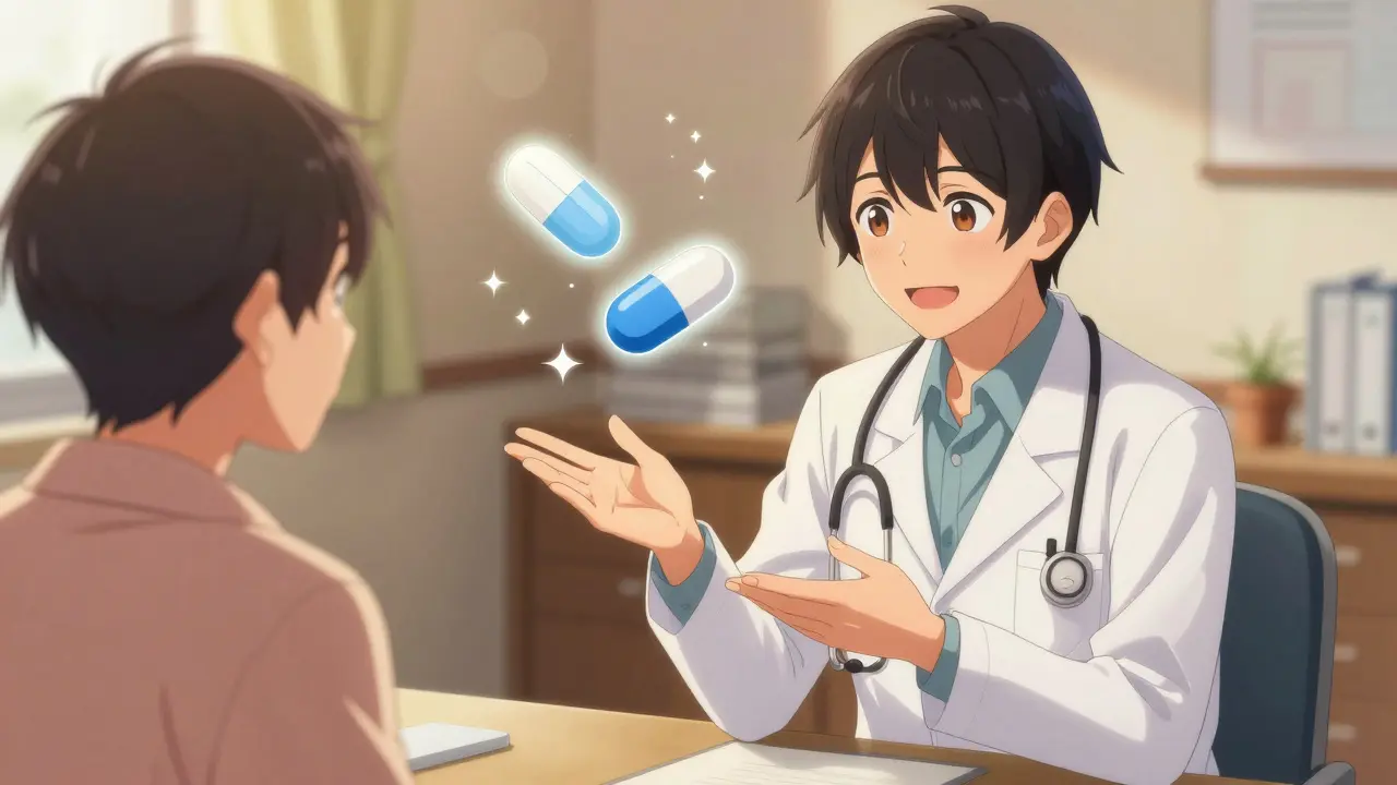 Manga doctor reassuring patient about generic medication benefits