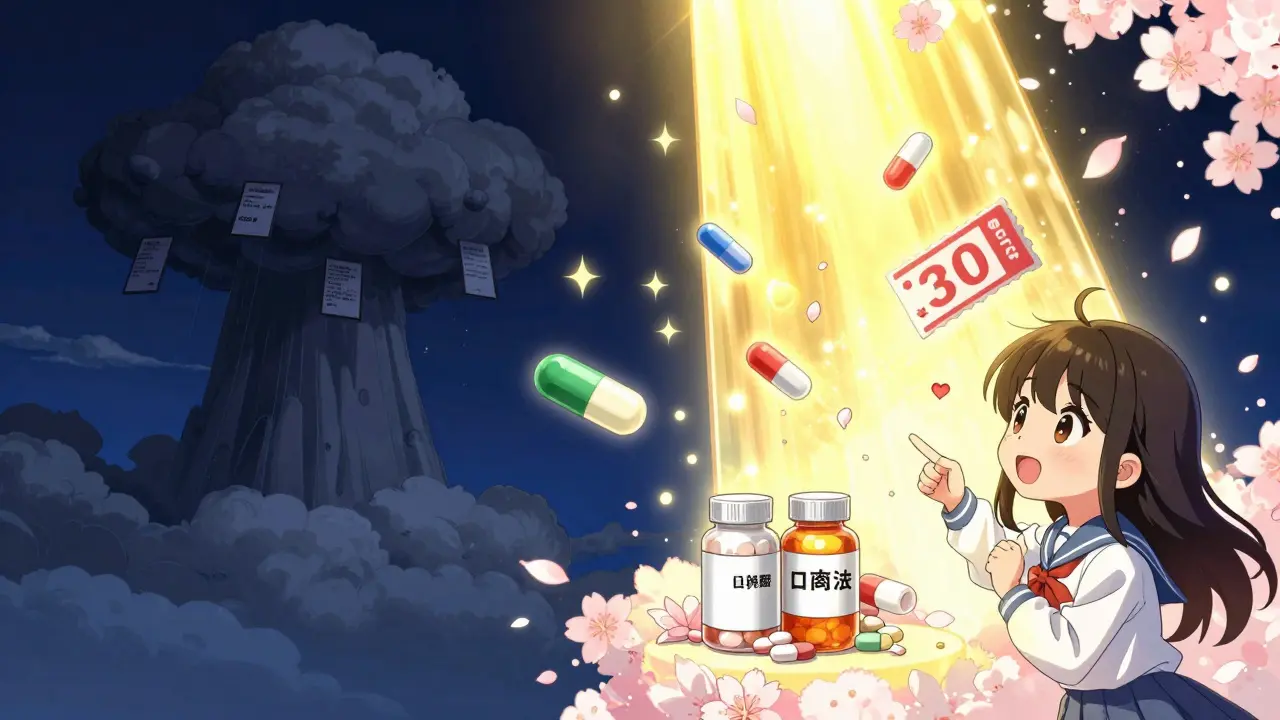 Manga style illustration comparing expensive vs cheap medication prices