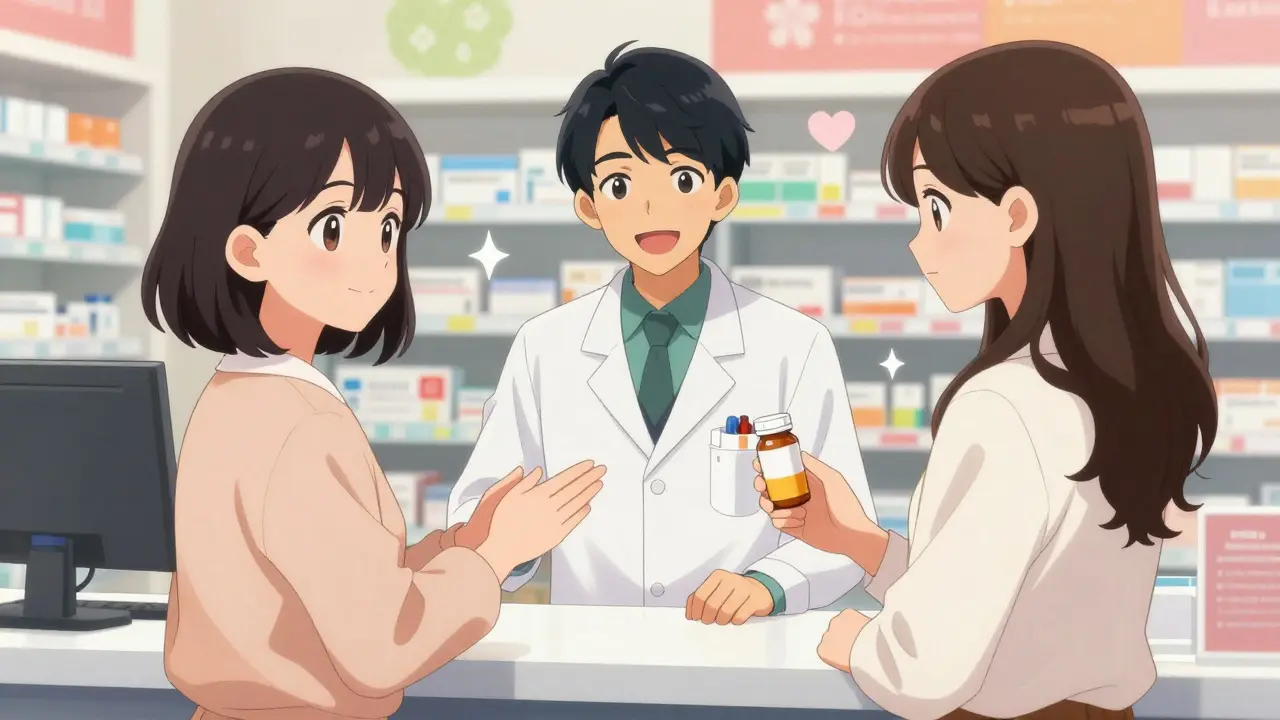 Patient discussing a label discrepancy with a smiling pharmacist