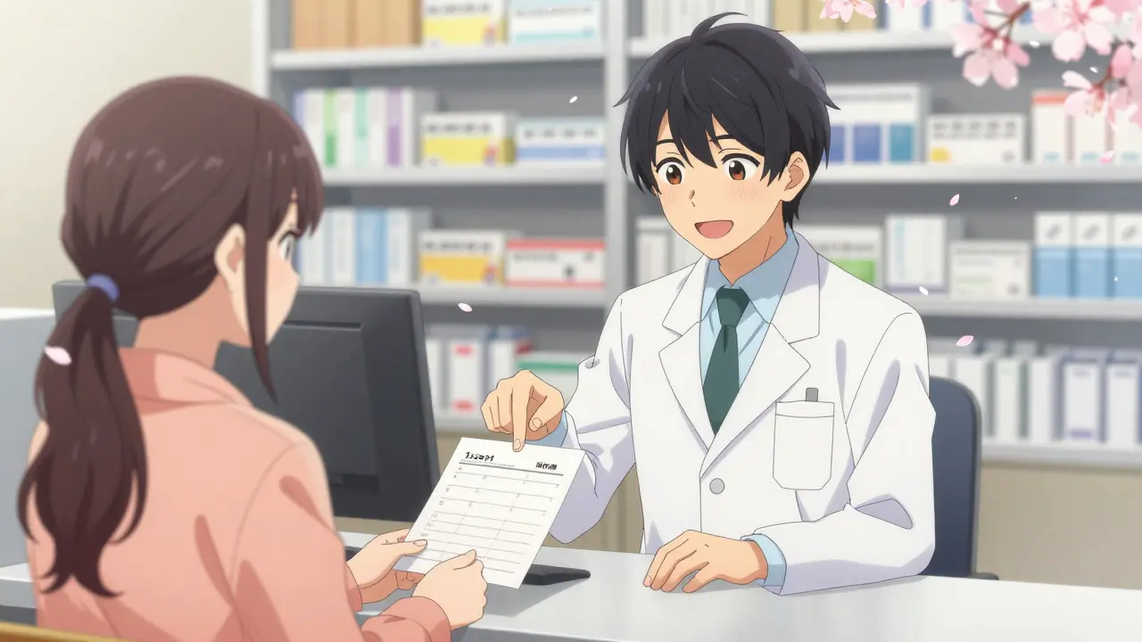 Pharmacist advising a patient at a counter with cherry blossoms.