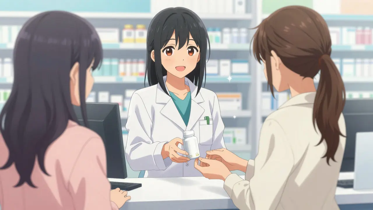 Pharmacist handing pills to customer in bright shop