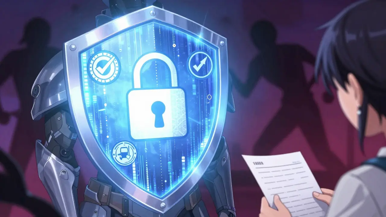 Protective shield blocking fake pharmacy scams in anime style