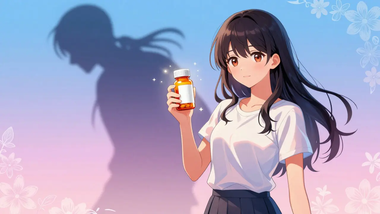 Shoujo art showing patient relieved by affordable generic drug