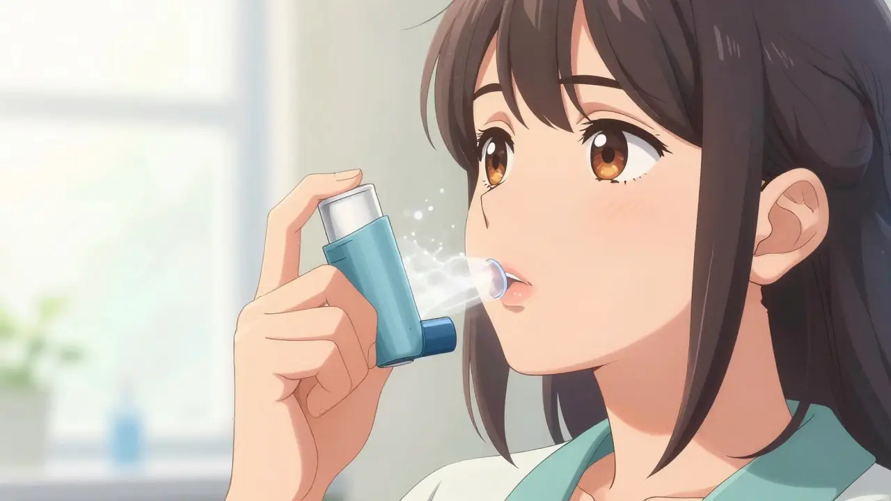 Shoujo style girl using inhaler with spacer, glowing medicine mist
