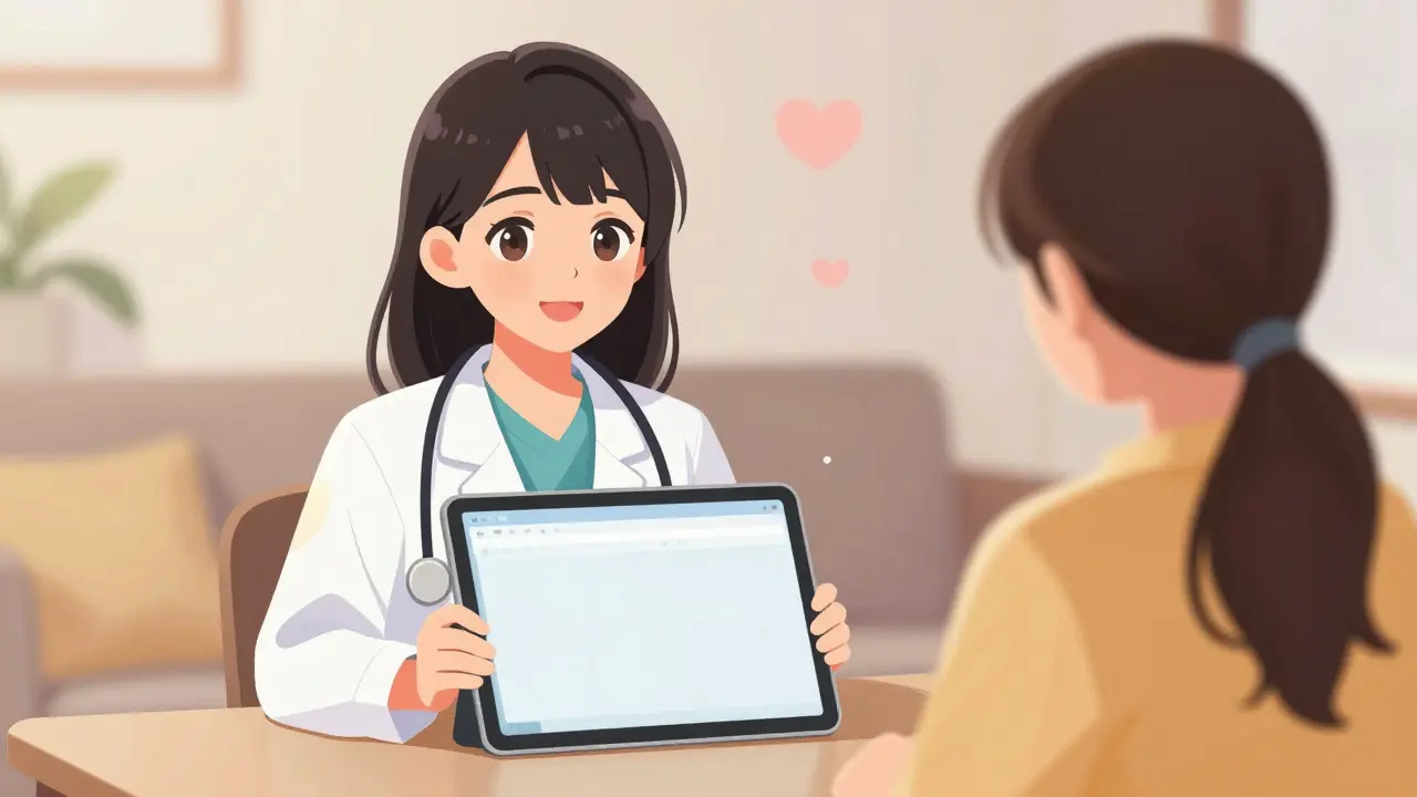 Telemedicine consultation on tablet showing doctor and patient in manga art