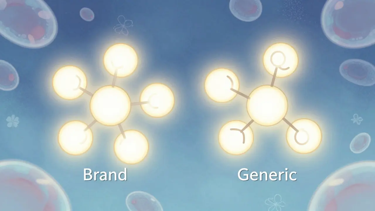 Two glowing molecular structures showing identical active ingredients for brand and generic drugs.