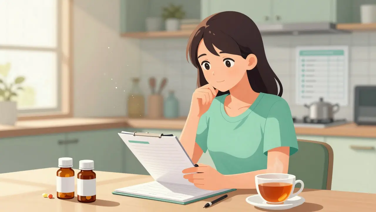 Woman reviewing her health log at a sunlit table, managing her medication intake carefully.