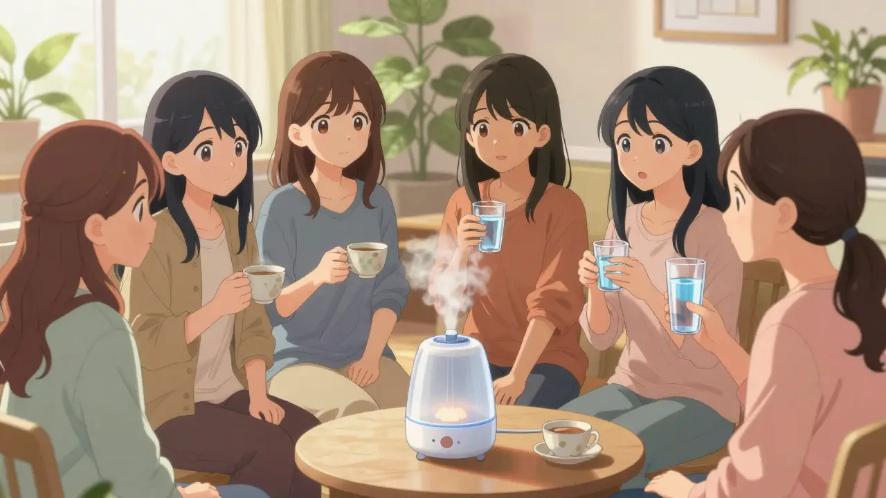 Women supporting each other in a bright, hopeful gathering