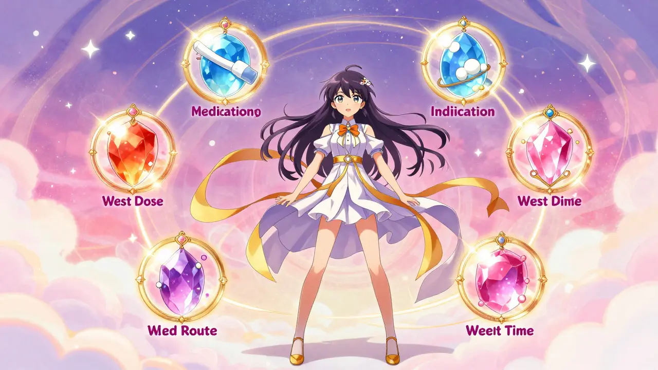Character surrounded by glowing icons representing six rights of medication