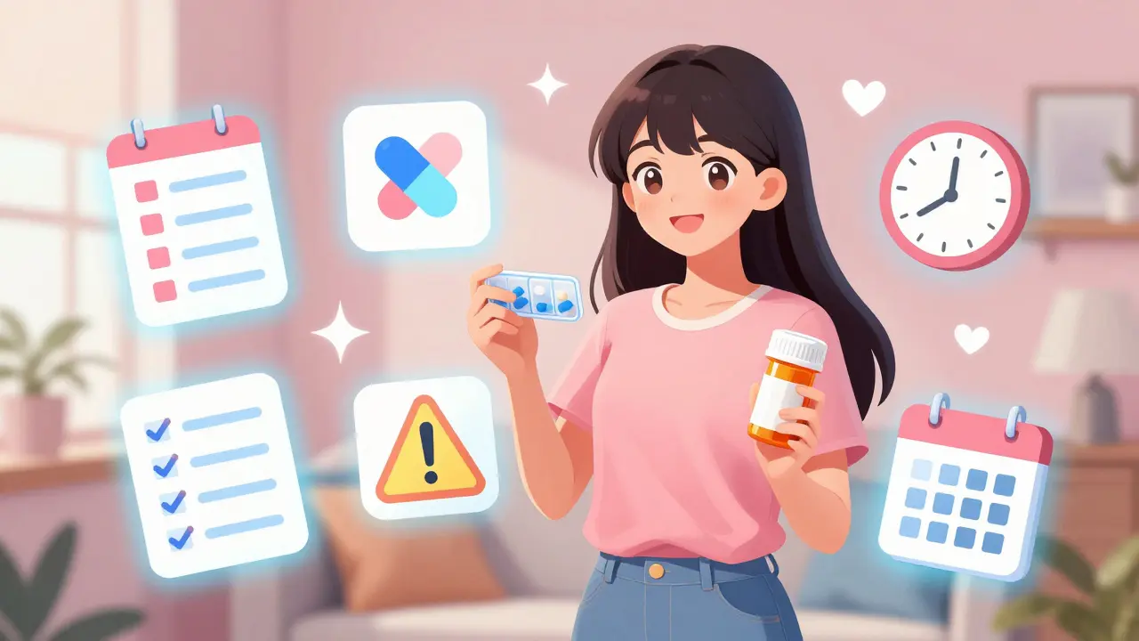 Cheerful woman organizing meds with floating safety checklist icons
