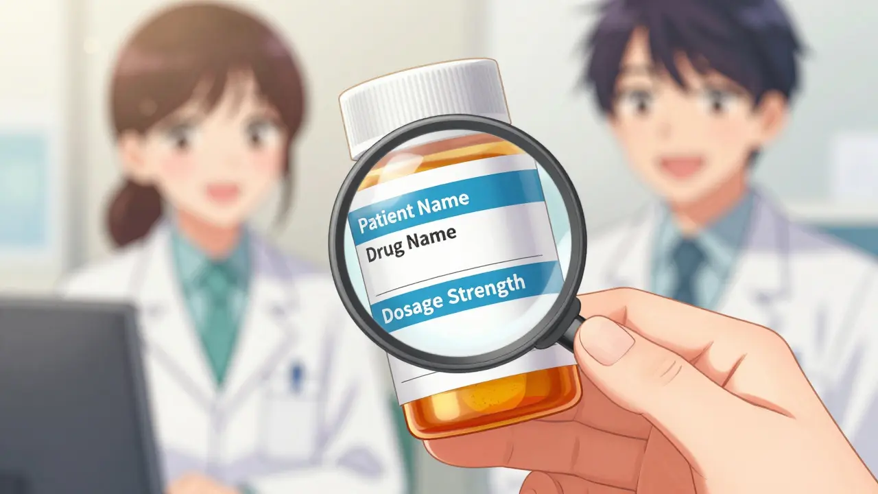 Close-up of a hand examining prescription label details with a magnifier