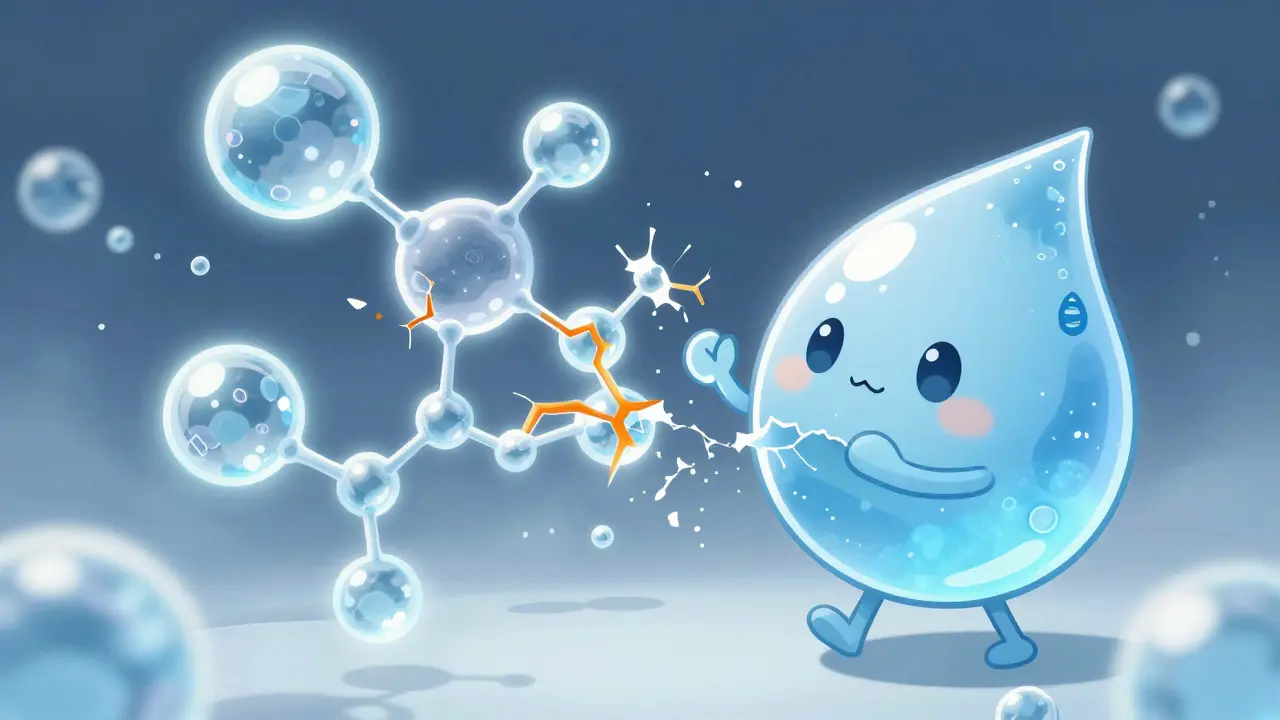 Cute water drop breaking fragile antibiotic molecules in anime style