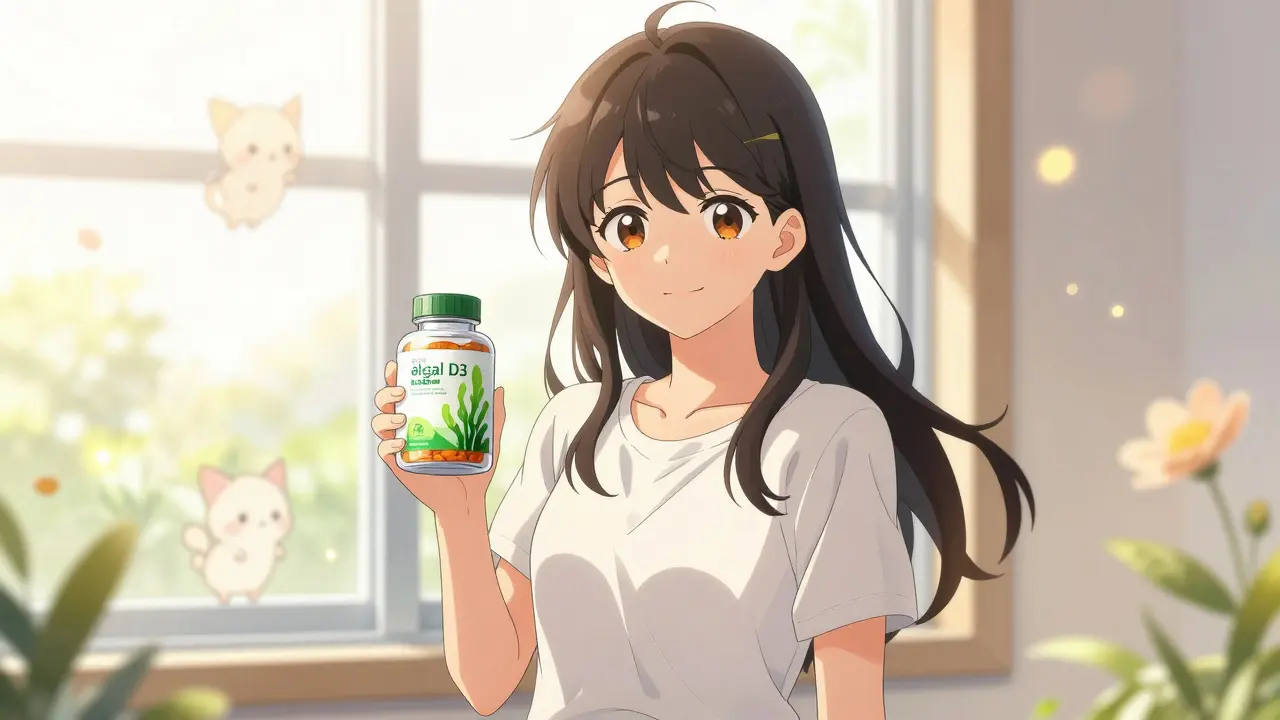 Happy manga woman holding vegan-friendly supplement bottle