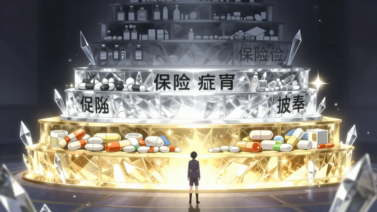 Magical tiered shelves illustrating insurance drug cost levels