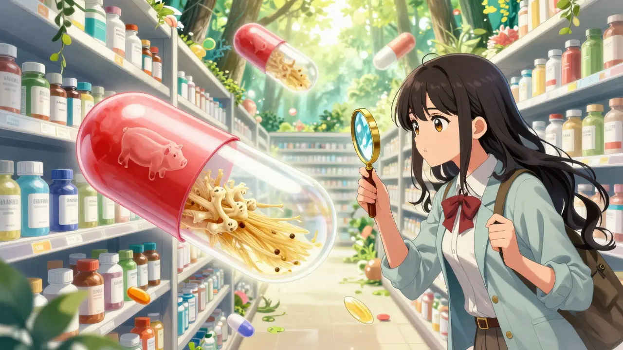 Manga character inspecting pills revealing animal sources inside
