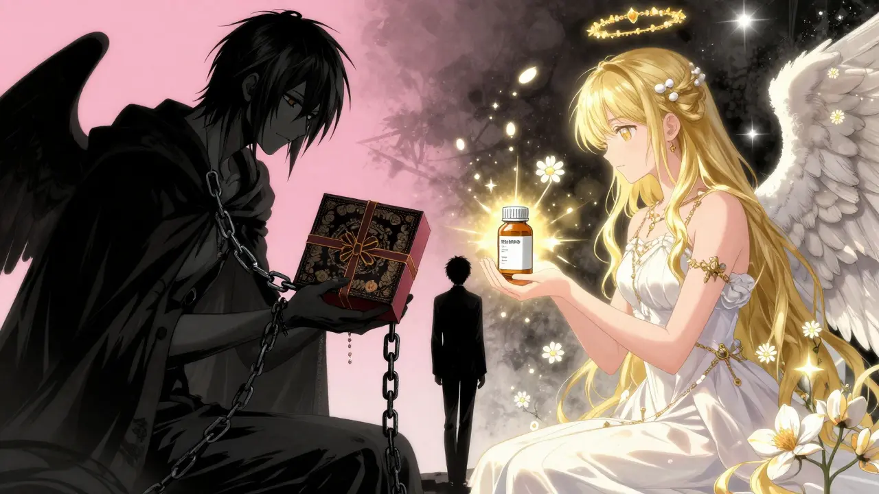 Manga style comparison of expensive vs cheap medicine