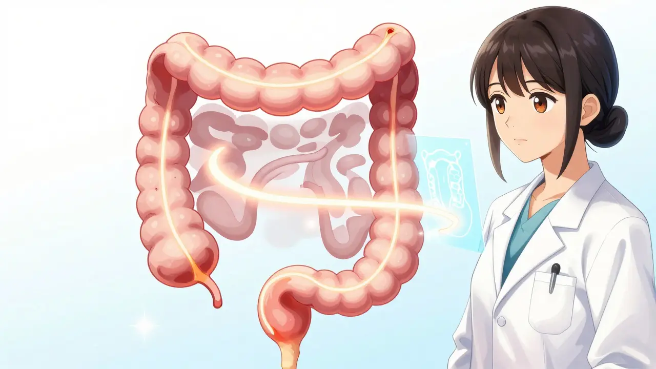 Manga style diagram showing continuous colon inflammation