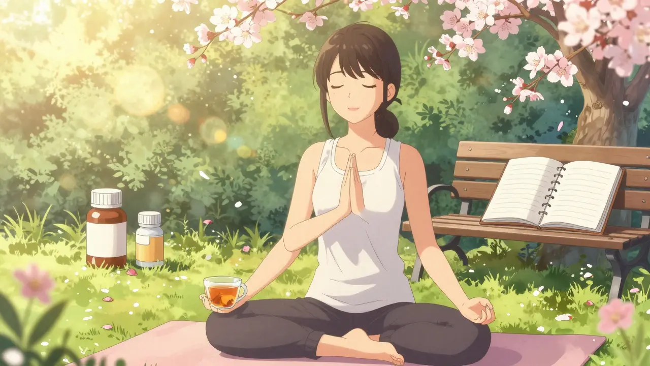 Peaceful anime woman meditating, managing UC stress
