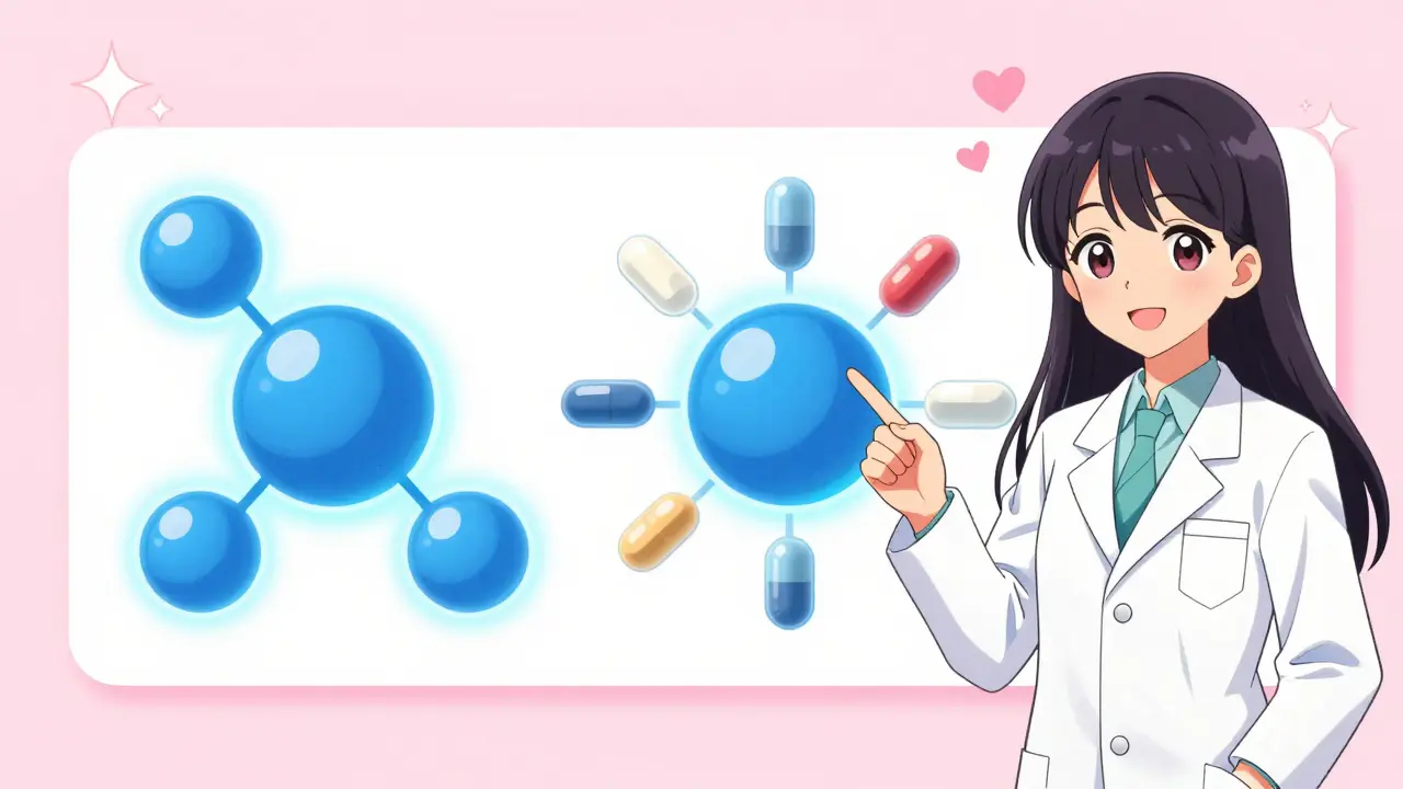 Pharmacist explaining drug ingredients with glowing molecules