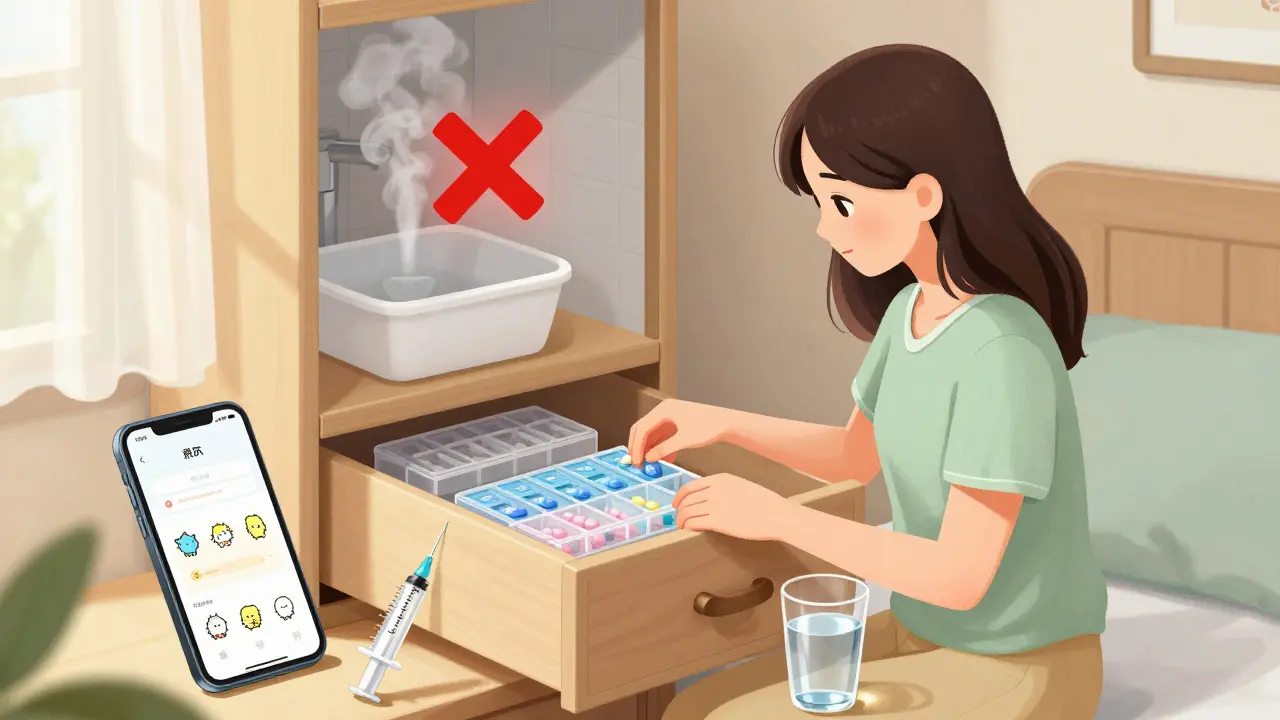 Woman storing meds in dry drawer with phone reminder app nearby