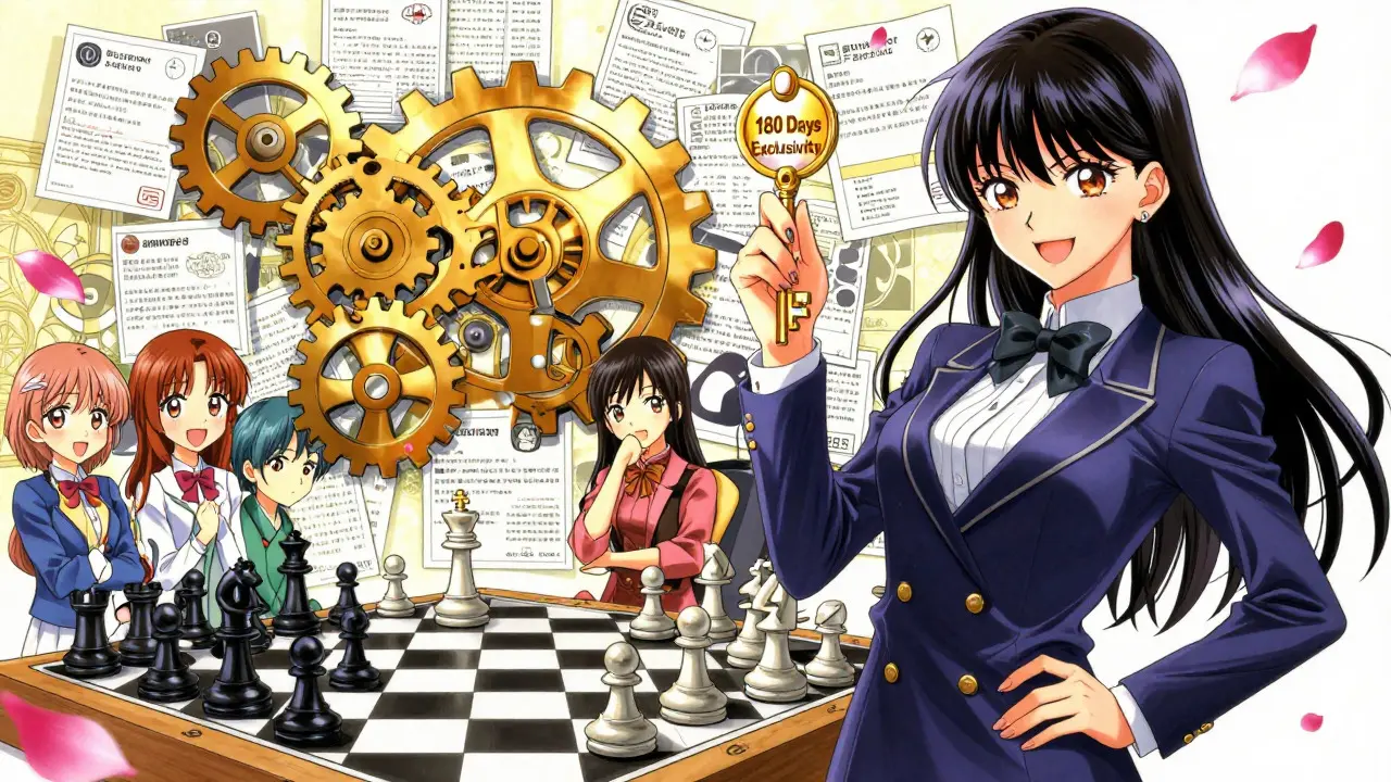 Anime character holding exclusivity key amidst patent barriers and rivals