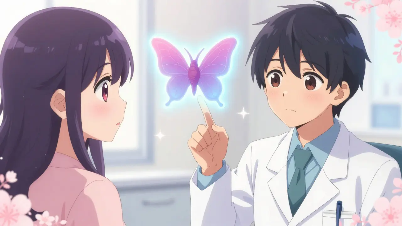 Anime doctor explaining thyroid diagram to relieved patient