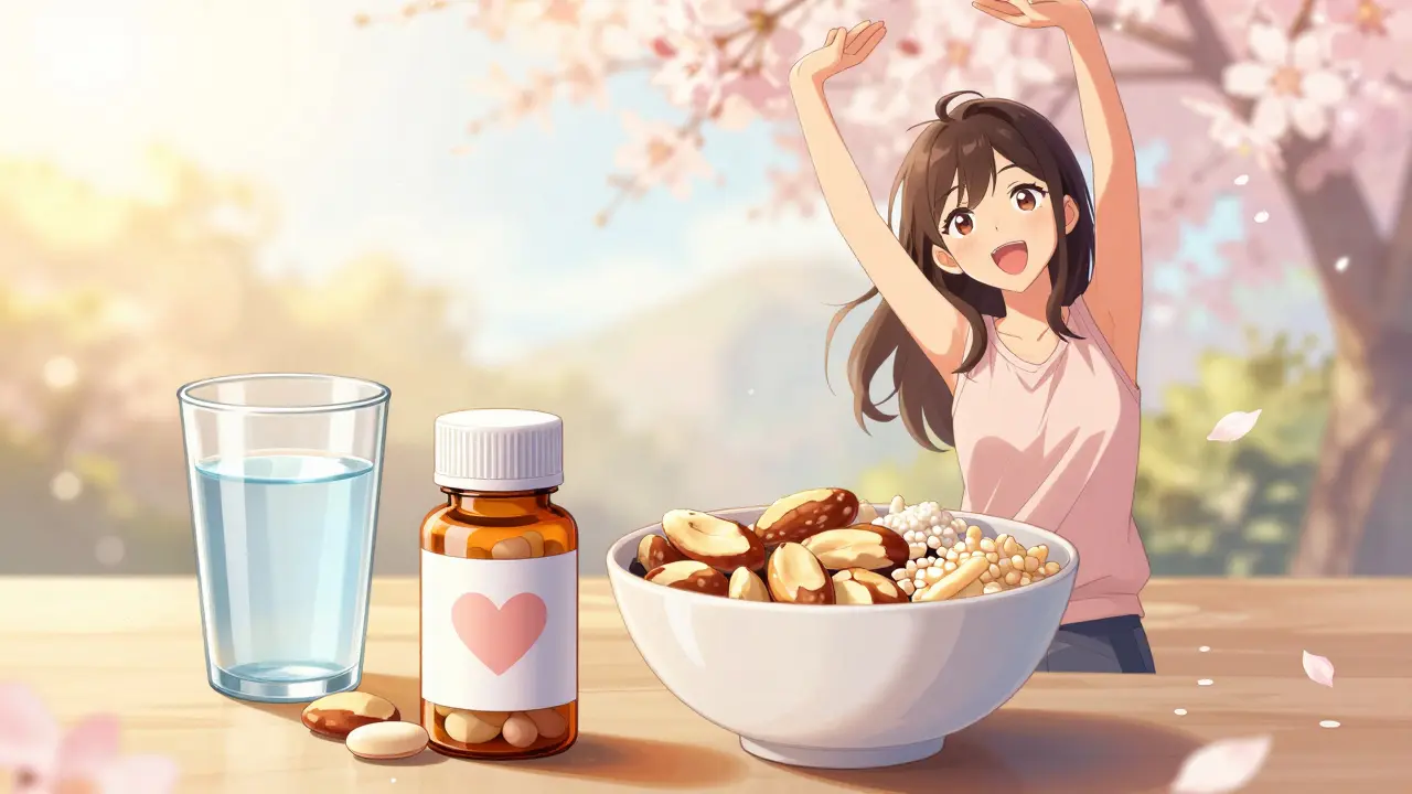 Anime girl taking medication and eating healthy breakfast