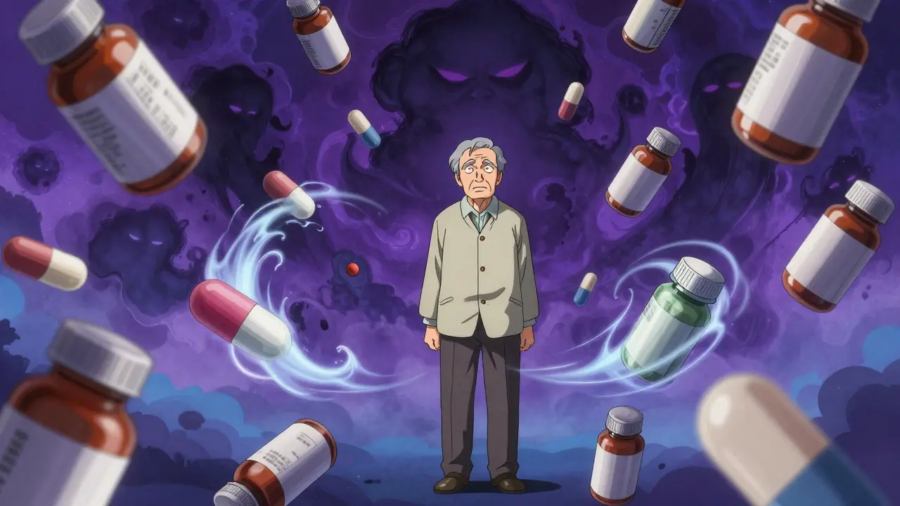 Conceptual art of pills causing dizziness to senior in anime style