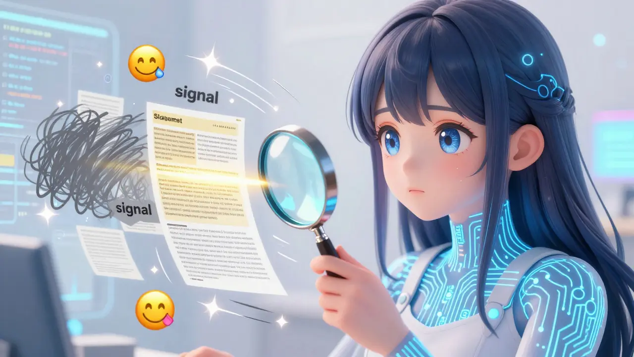 Cute AI girl filtering social media noise for medical signals