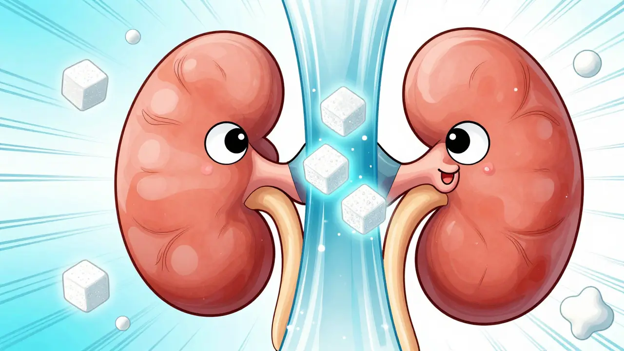 Cute cartoon kidneys filtering sugar out of the body