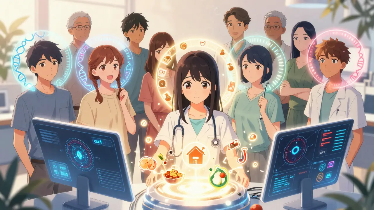 Diverse patients surrounded by genetic and social health symbols