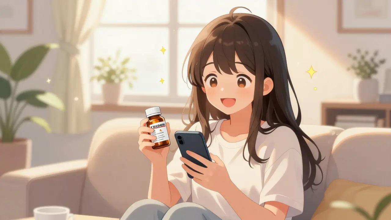 Happy woman saving money on generic meds at home