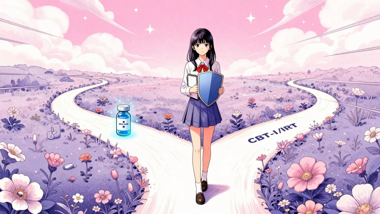 Manga character choosing between medication and therapy paths for sleep