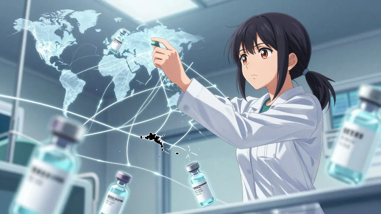 Manga pharmacist managing fragile global drug supply chains
