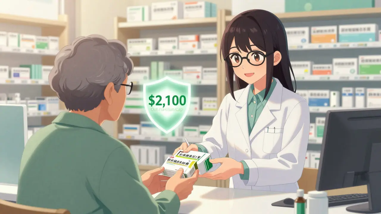 Pharmacist handing medicine to patient with protective shield graphic nearby