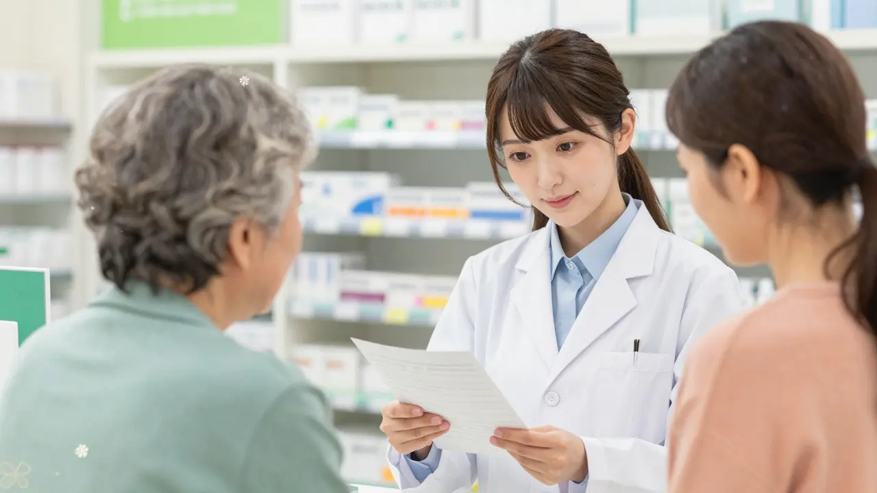 Pharmacist reviewing meds with senior patient in shoujo manga style