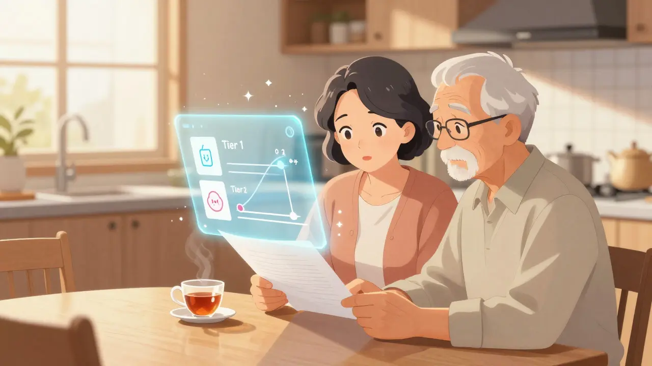 Senior couple reviewing healthcare plans at a sunny kitchen table with hologram