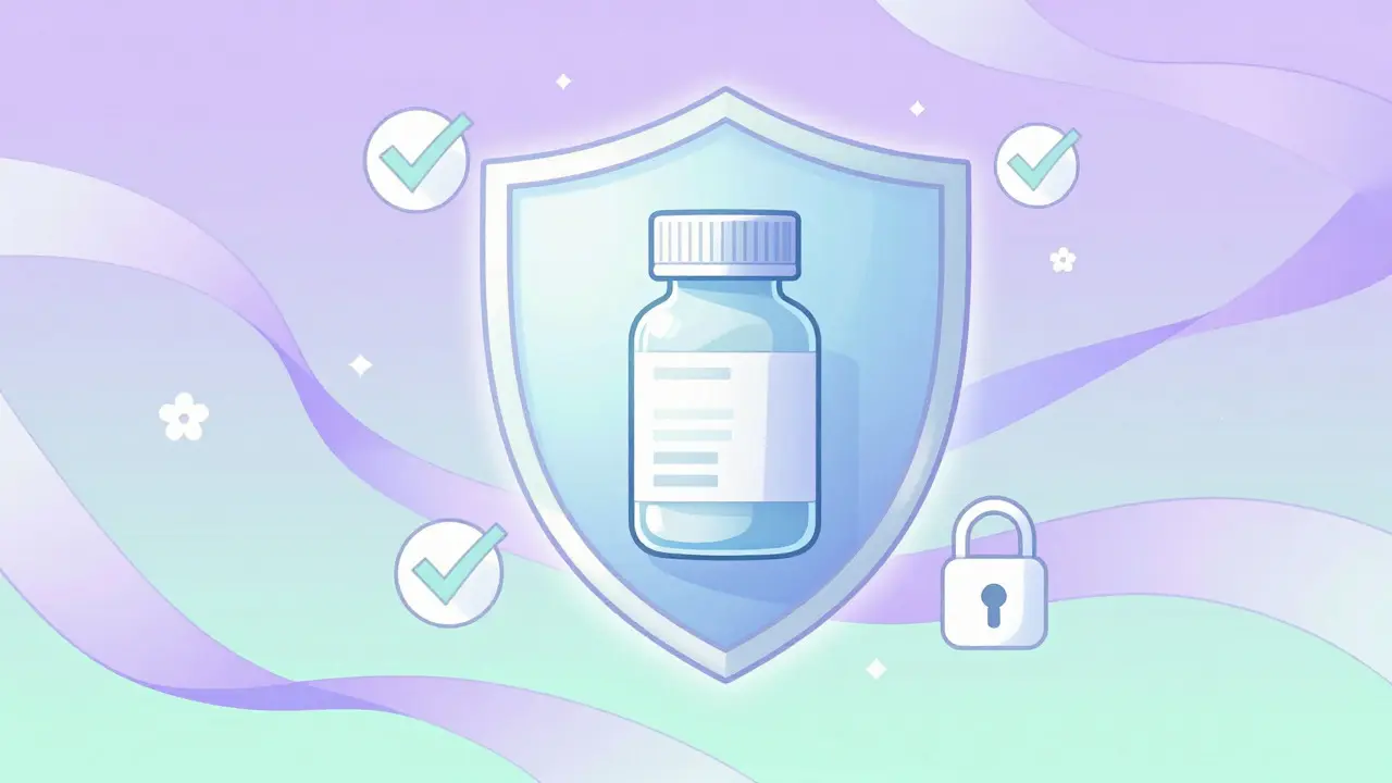 Shield protecting medication symbolizing safety