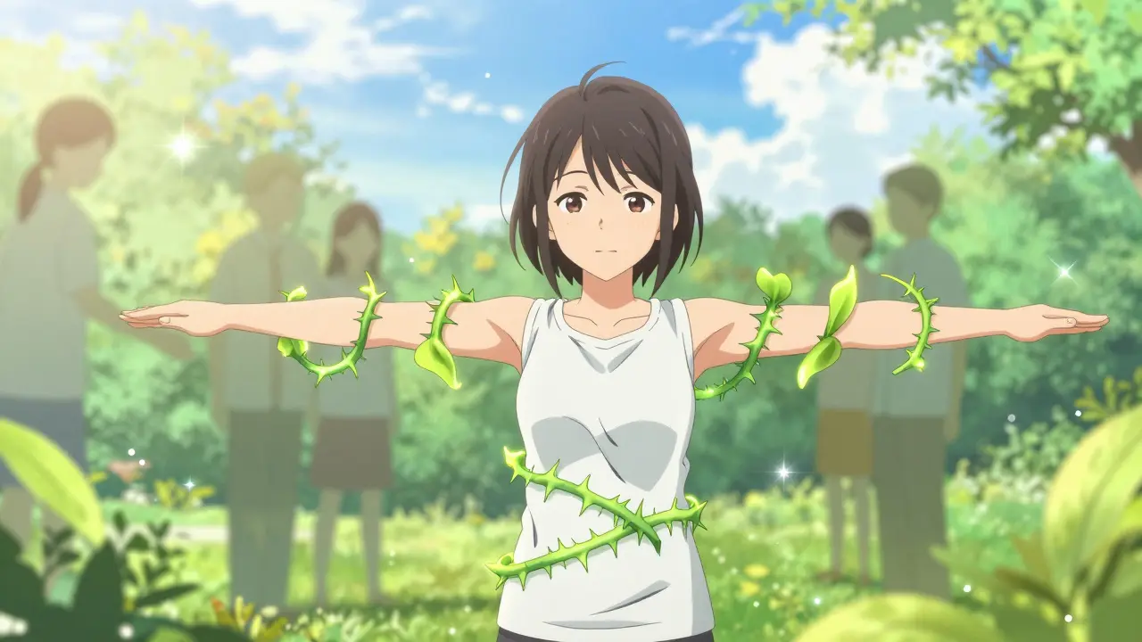 Shoujo manga character stretching in healing garden