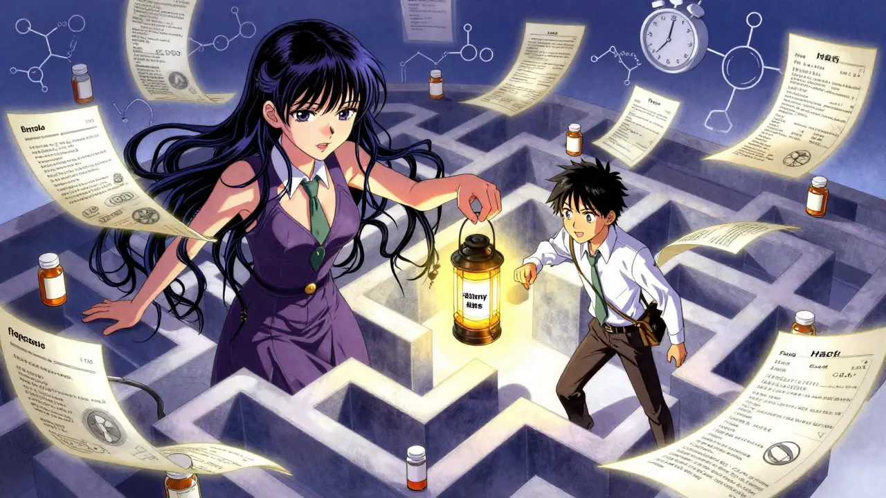 Shoujo manga hero navigating a maze of patent thickets and reformulations