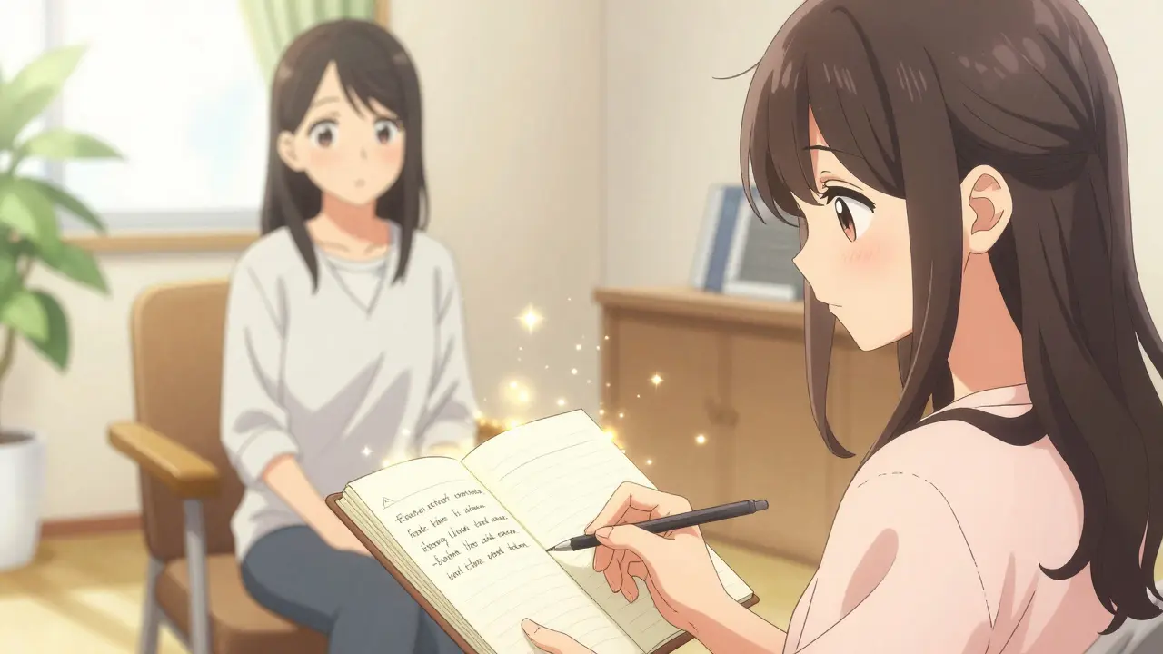 Shoujo style patient writing positive dream endings in therapy session